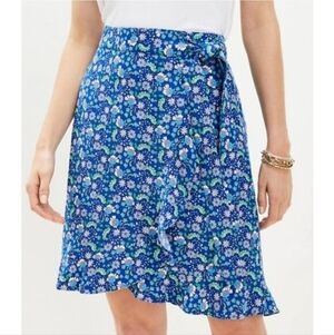 LOFT Linen Blend Colorful Blue Floral Ruffled Wrap Skirt Flowy Feminine Size 14